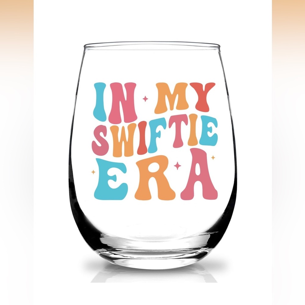 NWT “In My Swiftie Era" Stemless Wine Glass - Colorful Retro Lettering